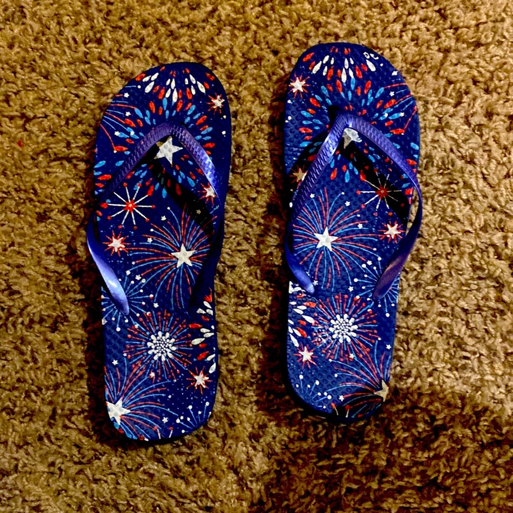4th of July red, white, and blue sandlas with purple, shiny straps